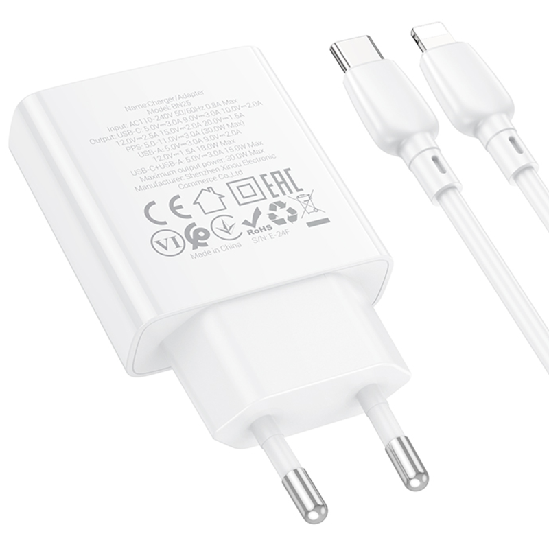СЗУ Borofone BN25 Wish PD30W+QC3.0 (1USB-A/1C) + кабель Type-C to Lightning, White 5, купить оптом с доставкой