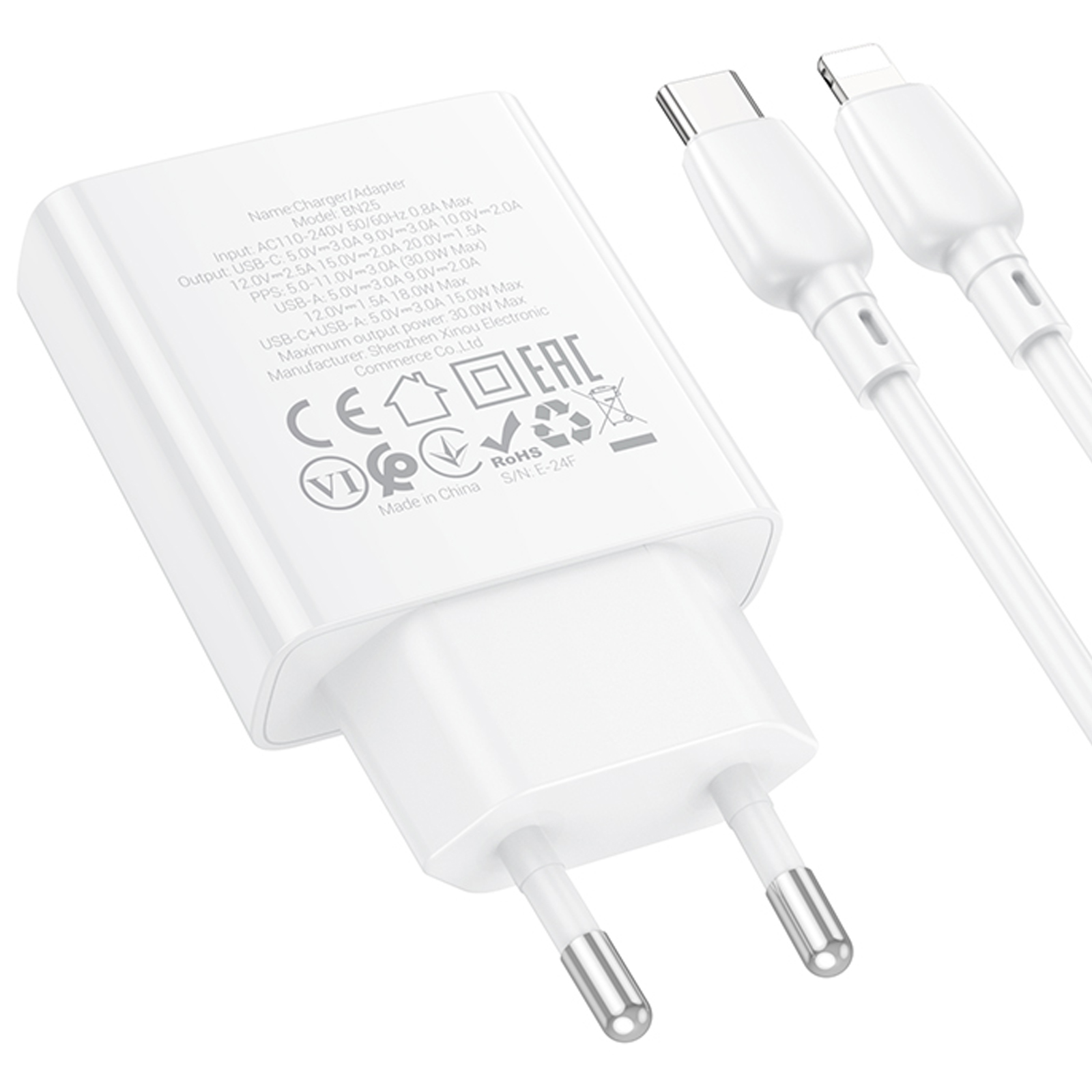 СЗУ Borofone BN25 Wish PD30W+QC3.0 (1USB-A/1C) + кабель Type-C to Lightning, White 5, купить оптом с доставкой