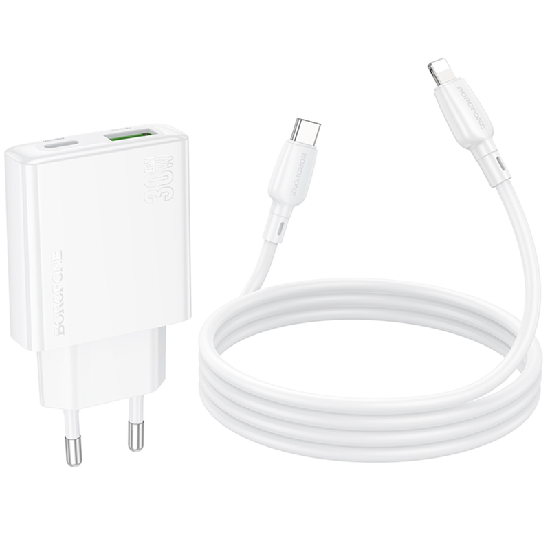 СЗУ Borofone BN25 Wish PD30W+QC3.0 (1USB-A/1C) + кабель Type-C to Lightning, White 6, купить оптом с доставкой