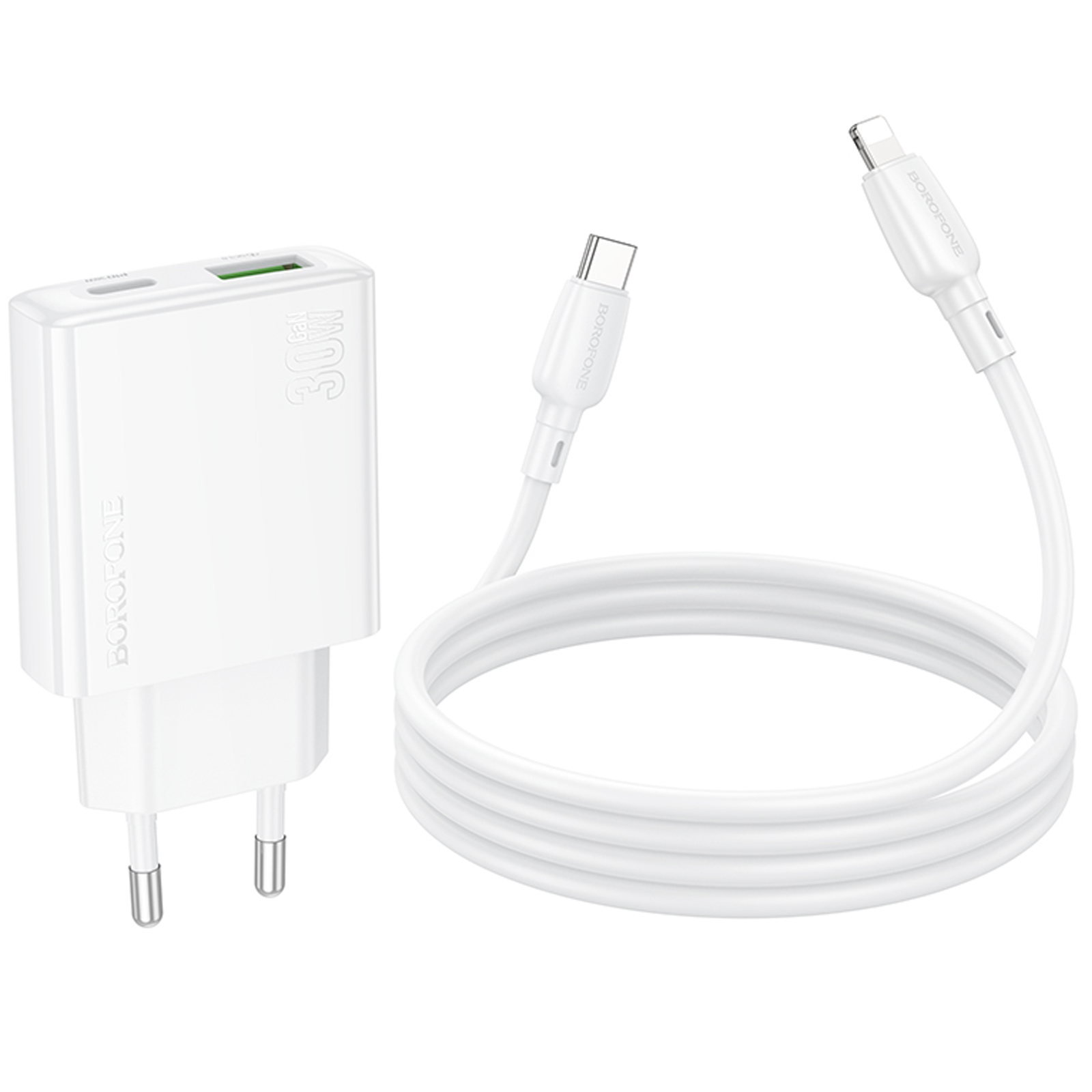 СЗУ Borofone BN25 Wish PD30W+QC3.0 (1USB-A/1C) + кабель Type-C to Lightning, White 6, купить оптом с доставкой