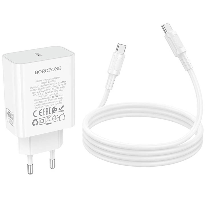 СЗУ Borofone BA109A Star PD40W (1USB-C) + кабель Type-C to Type-C, White 6, купить оптом с доставкой