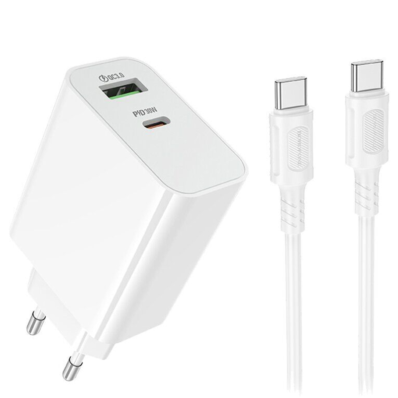 СЗУ Borofone BA108A Stellar PD30W+QC3.0 (1USB-A/1C) + кабель Type-C to Type-C, купить оптом с доставкой