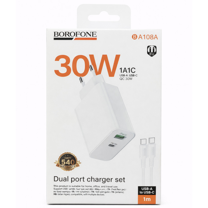 СЗУ Borofone BA108A Stellar PD30W+QC3.0 (1USB-A/1C) + кабель Type-C to Type-C, White 1, купить оптом с доставкой