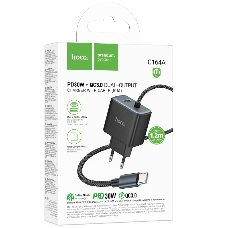 СЗУ Hoco C164A New PD30W+QC3.0 (1USB-A/1C) + встроенный кабель Type-C на картинке №2