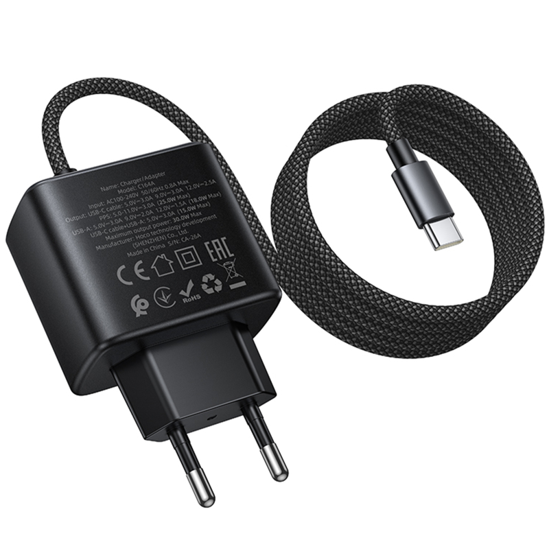 СЗУ Hoco C164A New PD30W+QC3.0 (1USB-A/1C) + встроенный кабель Type-C на картинке №3