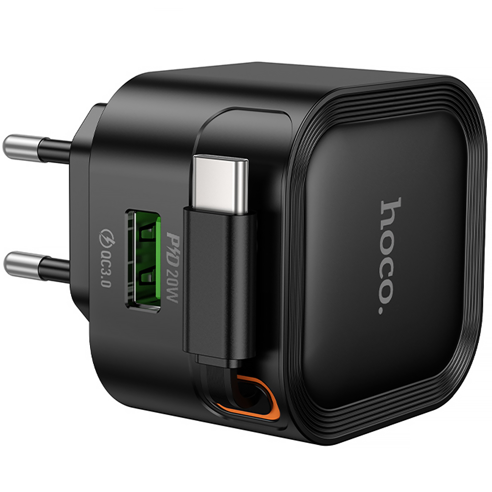 Уцінка МЗП Hoco C154A Changer With Retractable Cable Type-C PD20W+QC3.0 (1USB-A/1C), Пошкоджена упаковка / Black 3, купити оптом з доставкою