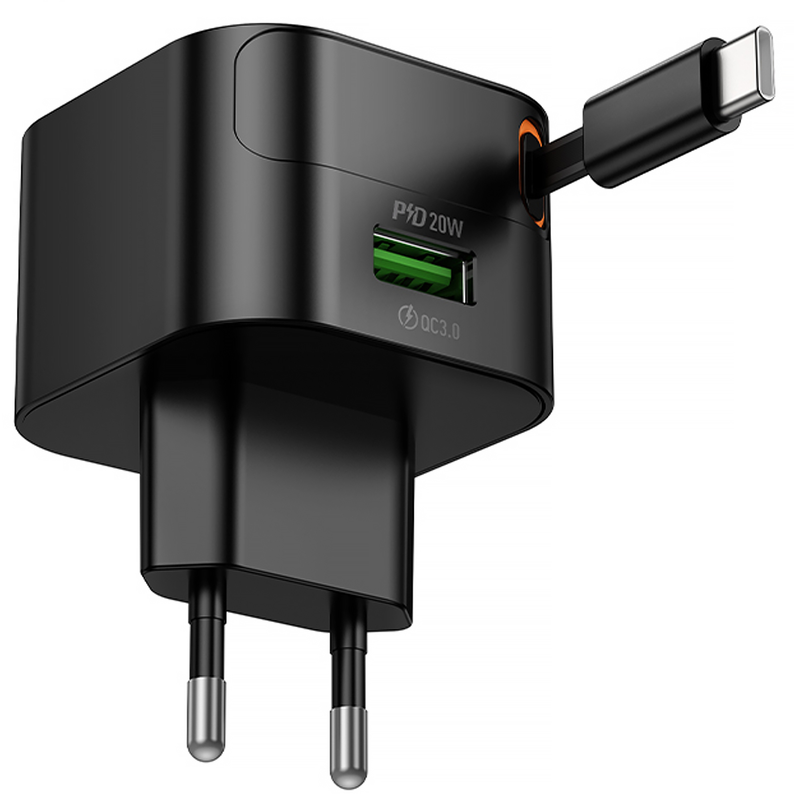 Уцінка МЗП Hoco C154A Changer With Retractable Cable Type-C PD20W+QC3.0 (1USB-A/1C), Пошкоджена упаковка / Black 4, купити оптом з доставкою