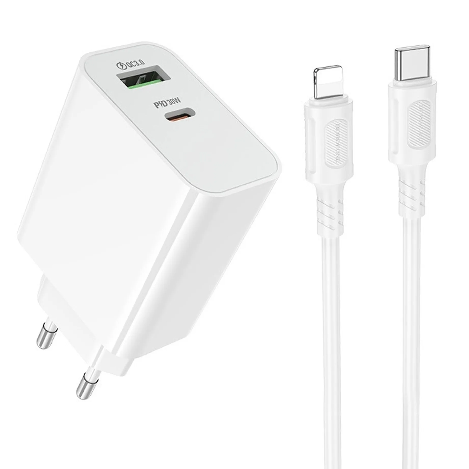 СЗУ Borofone BA108A Stellar PD30W+QC3.0 (1USB-A/1C) + кабель Type-C to Lightning, купить оптом с доставкой