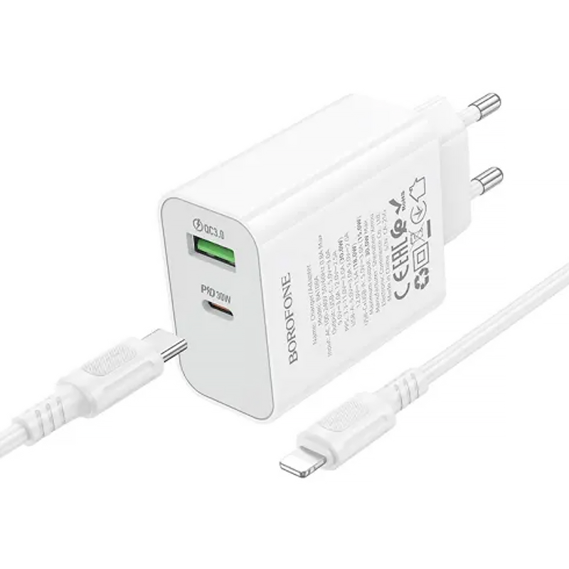 СЗУ Borofone BA108A Stellar PD30W+QC3.0 (1USB-A/1C) + кабель Type-C to Lightning, White 2, купить оптом с доставкой