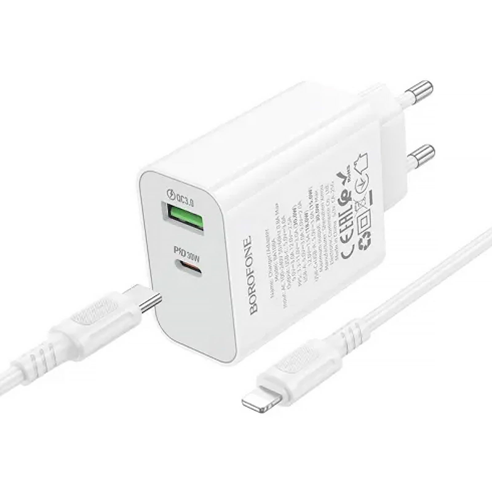 СЗУ Borofone BA108A Stellar PD30W+QC3.0 (1USB-A/1C) + кабель Type-C to Lightning, White 2, купить оптом с доставкой