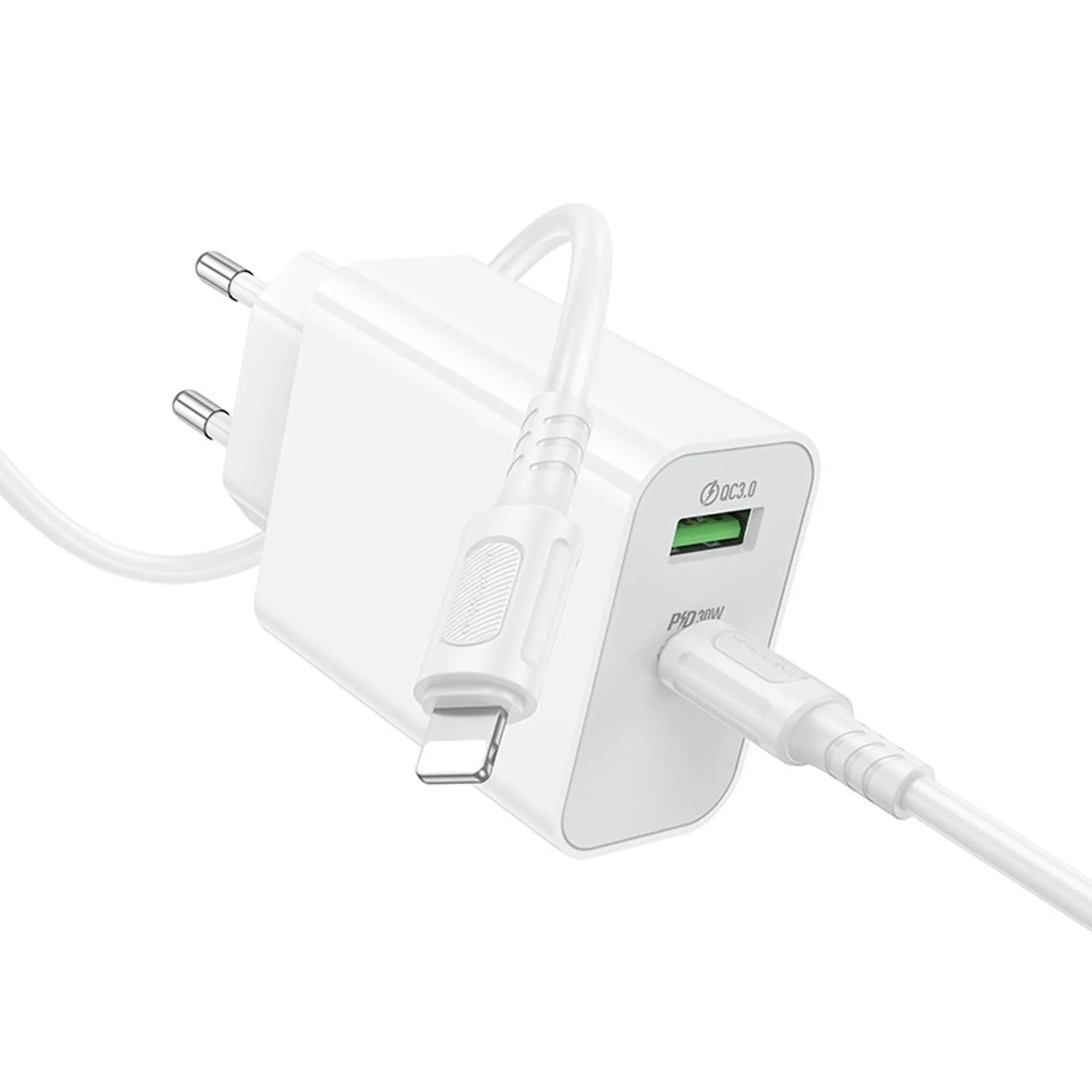 СЗУ Borofone BA108A Stellar PD30W+QC3.0 (1USB-A/1C) + кабель Type-C to Lightning, White 3, купить оптом с доставкой