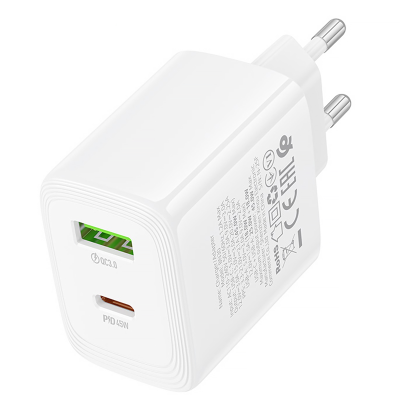 СЗУ Borofone BN30 Cargador PD45W+QC3.0 (1USB-A/1C), White 2, купить оптом с доставкой
