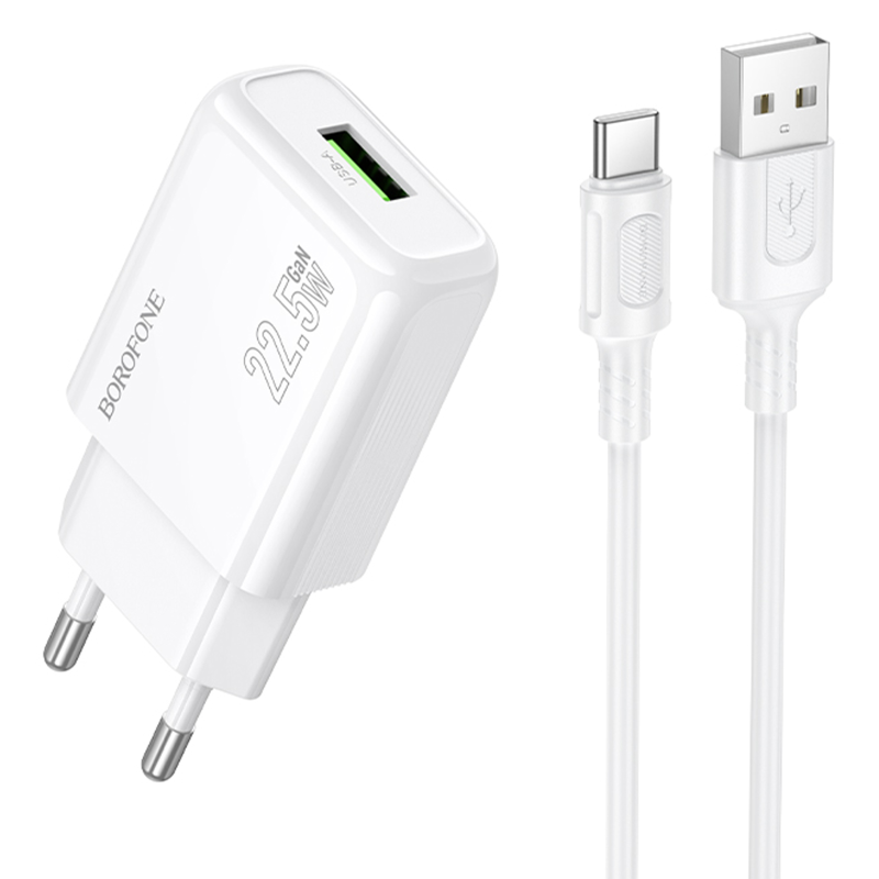 СЗУ Borofone BAS91A Cloud QC3.0 22.5W (1USB-A) + кабель USB to Type-C, White, купить оптом с доставкой