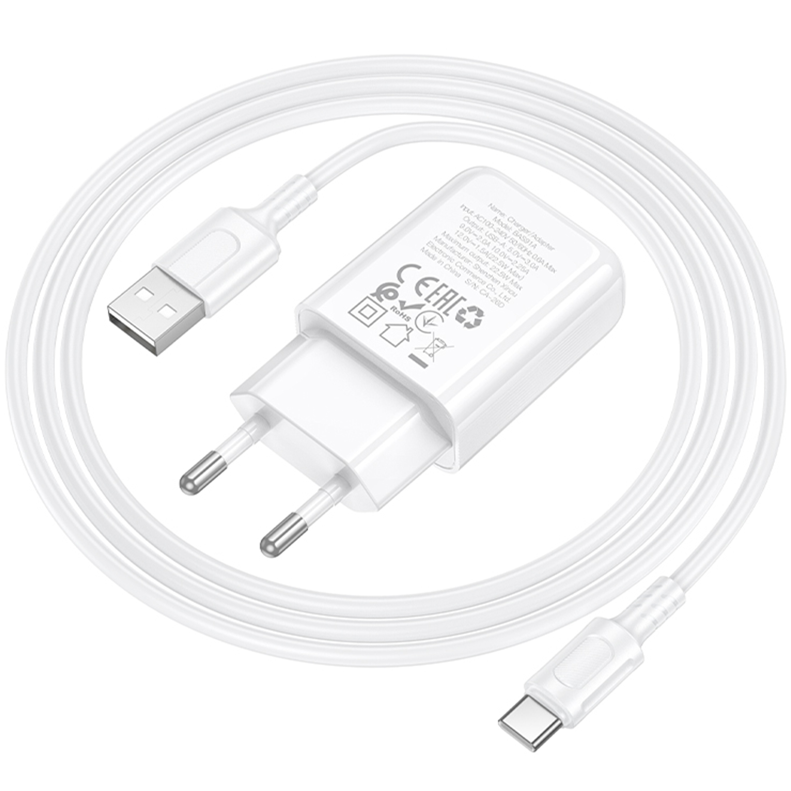 СЗУ Borofone BAS91A Cloud QC3.0 22.5W (1USB-A) + кабель USB to Type-C, White 2, купить оптом с доставкой