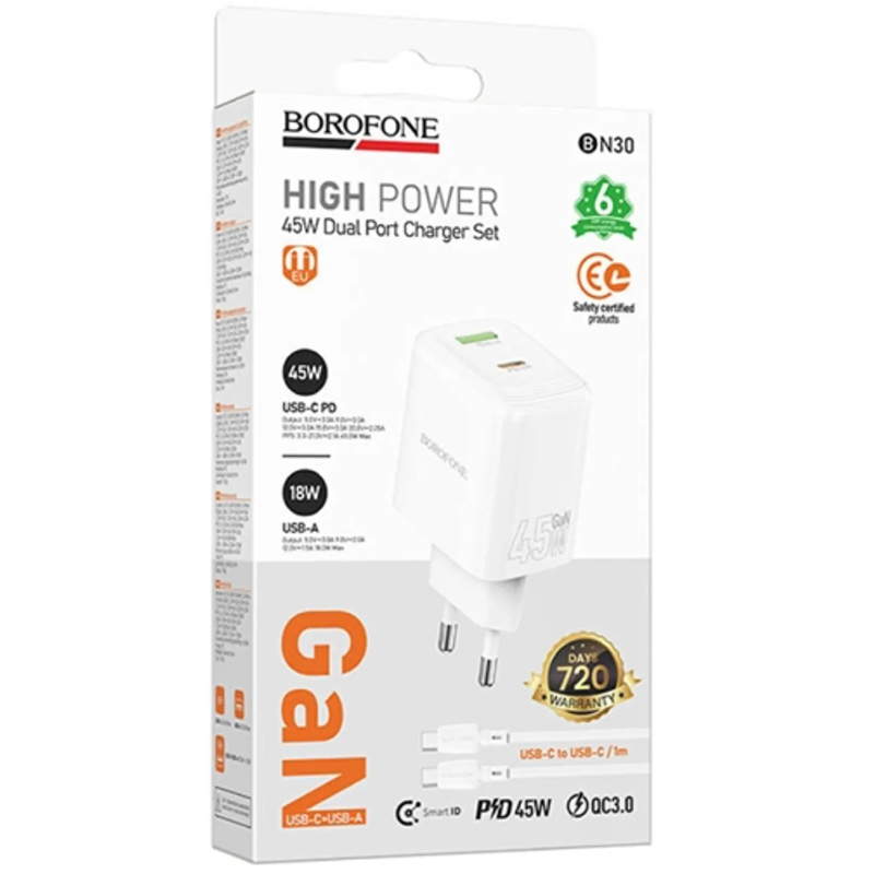 СЗУ Borofone BAS93A Cloud PD30W+QC3.0 (1USB-A/1C) + кабель Type-C to Type-C на картинке №2