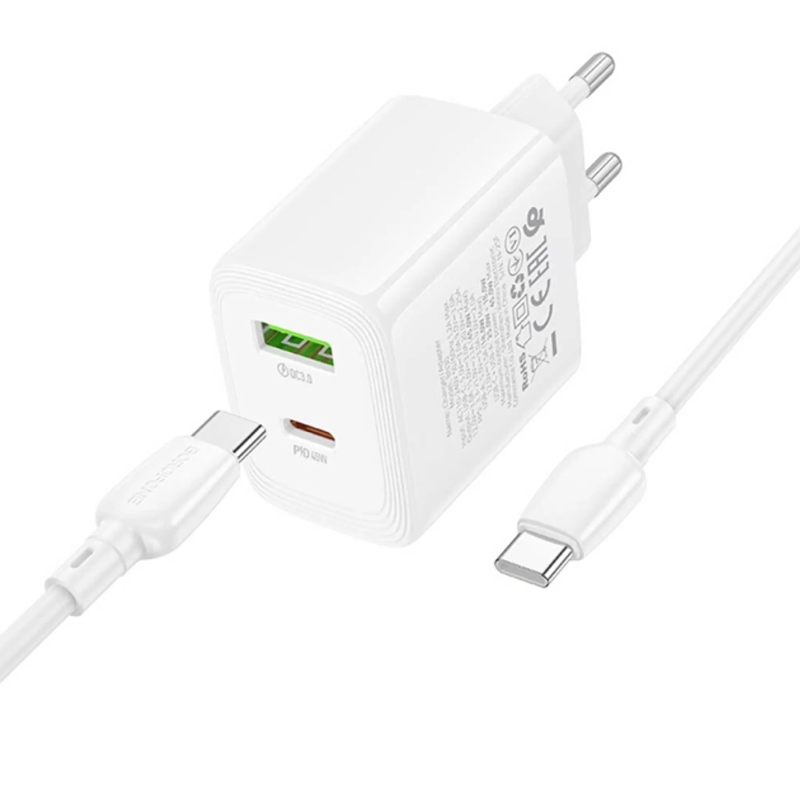 СЗУ Borofone BAS93A Cloud PD30W+QC3.0 (1USB-A/1C) + кабель Type-C to Type-C, White 2, купить оптом с доставкой