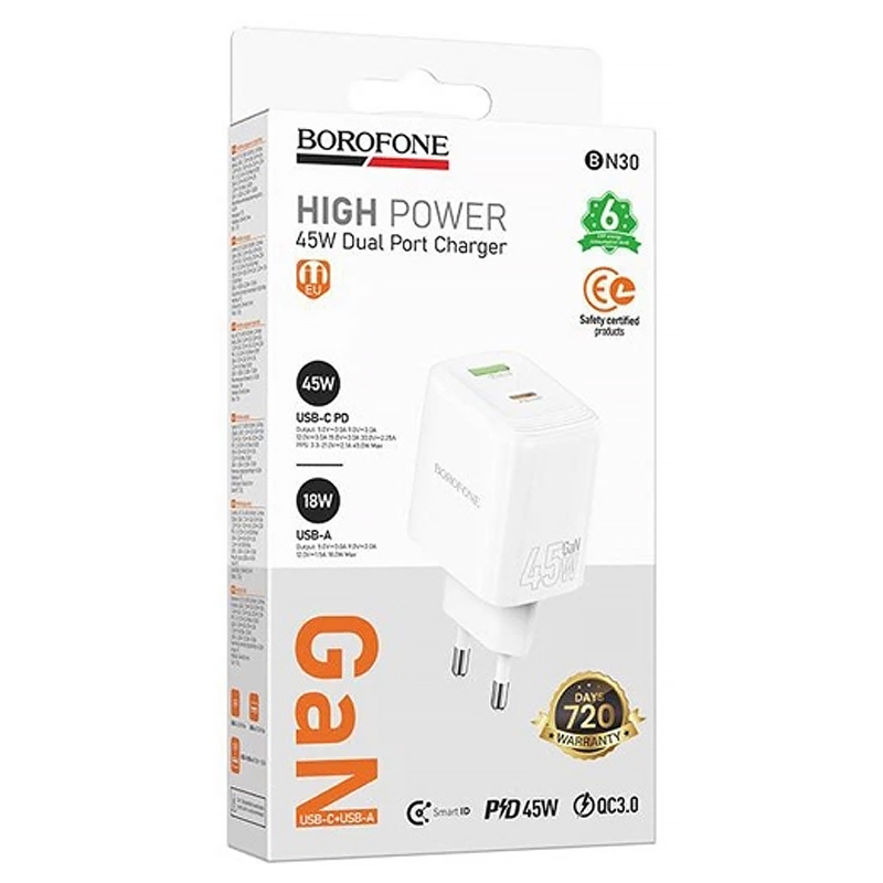 СЗУ Borofone BAS93A Cloud PD30W+QC3.0 (1USB-A/1C), White 1, купить оптом с доставкой