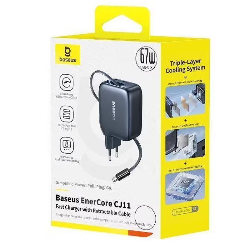 МЗП Baseus EnerCore CJ11 PD67W with retractable cable (3USB-C) (E0121E), Cosmic Black 2, купити оптом з доставкою