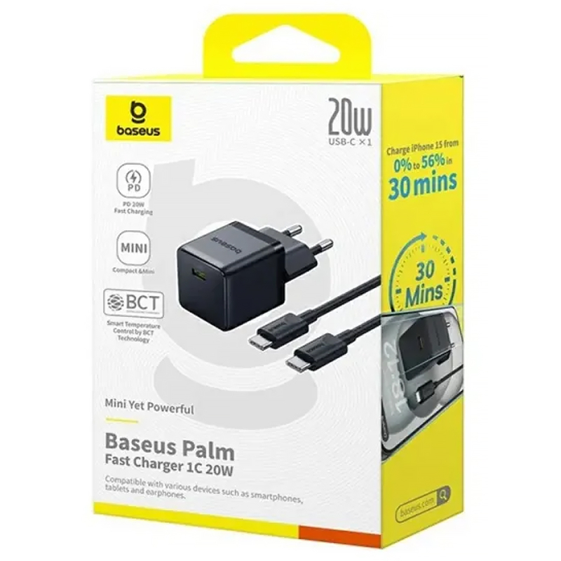 СЗУ Baseus Palm Fast Charger 20W (1USB-C) + кабель Type-C to Type-C (P10111602) на картинке №5