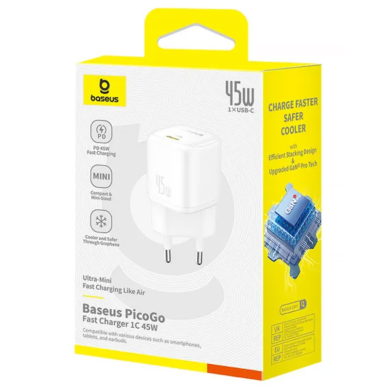 МЗП Baseus PicoGo GaN Fast Charger 45W (1USB-C) (P10176800), Moon White 3, купити оптом з доставкою