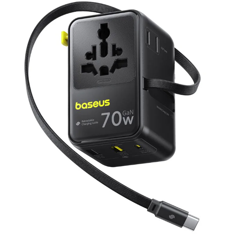 Мережевий універсальний перехідник Baseus CG11 70W with retractable cable (2USB-A/3C/1Socket) (E0307E), Cosmic Black, купити оптом з доставкою