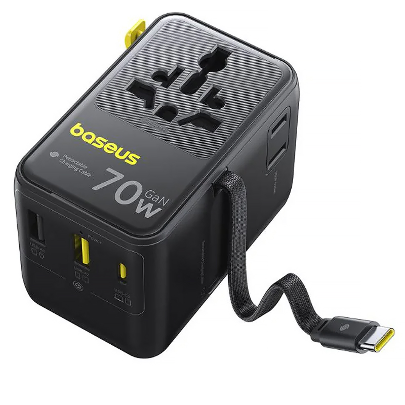 Мережевий універсальний перехідник Baseus CG11 70W with retractable cable (2USB-A/3C/1Socket) (E0307E), Cosmic Black 1, купити оптом з доставкою