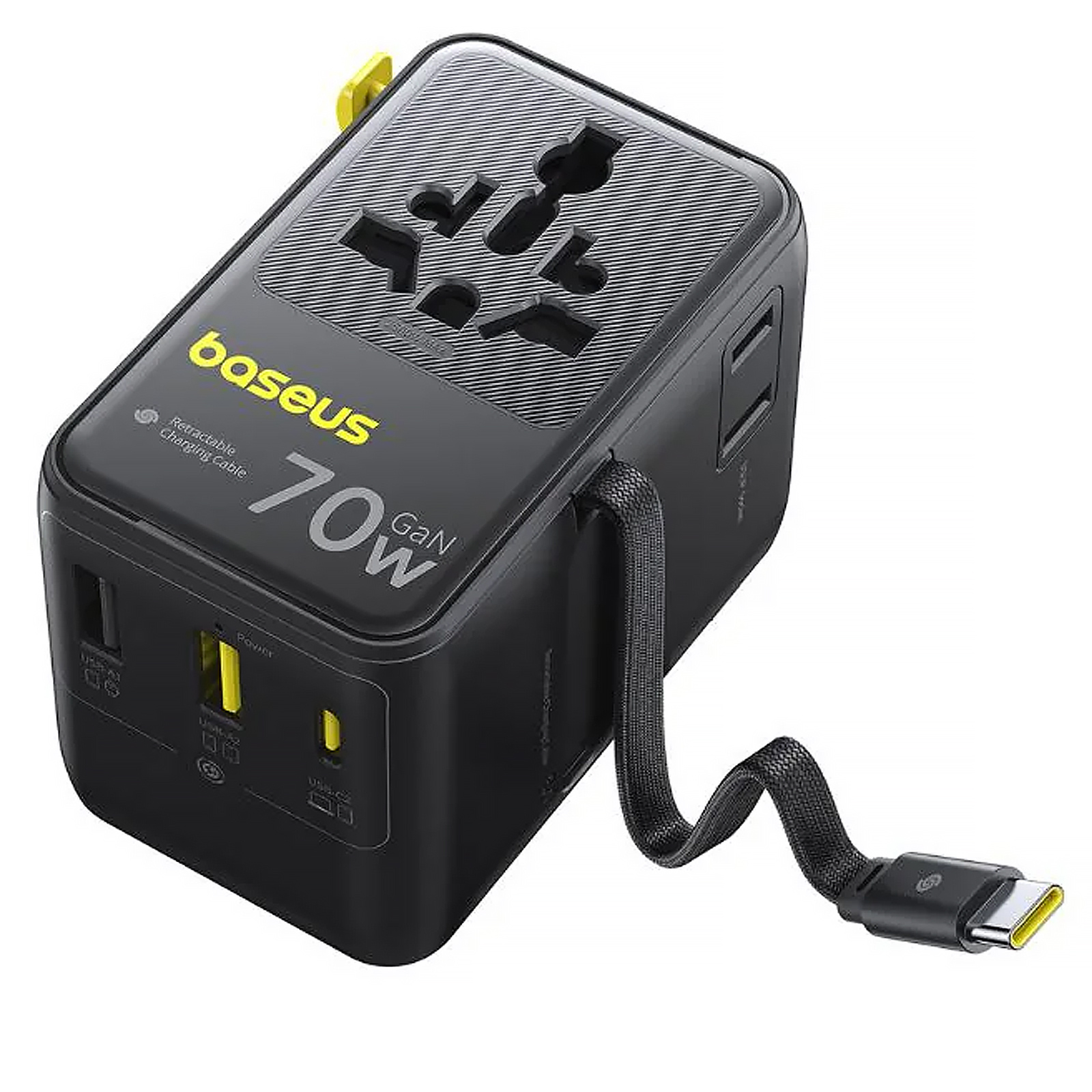 Мережевий універсальний перехідник Baseus CG11 70W with retractable cable (2USB-A/3C/1Socket) (E0307E), Cosmic Black 1, купити оптом з доставкою