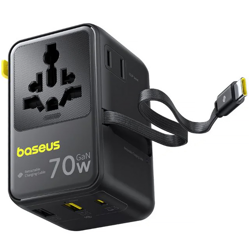 Мережевий універсальний перехідник Baseus CG11 70W with retractable cable (2USB-A/3C/1Socket) (E0307E), Cosmic Black 2, купити оптом з доставкою