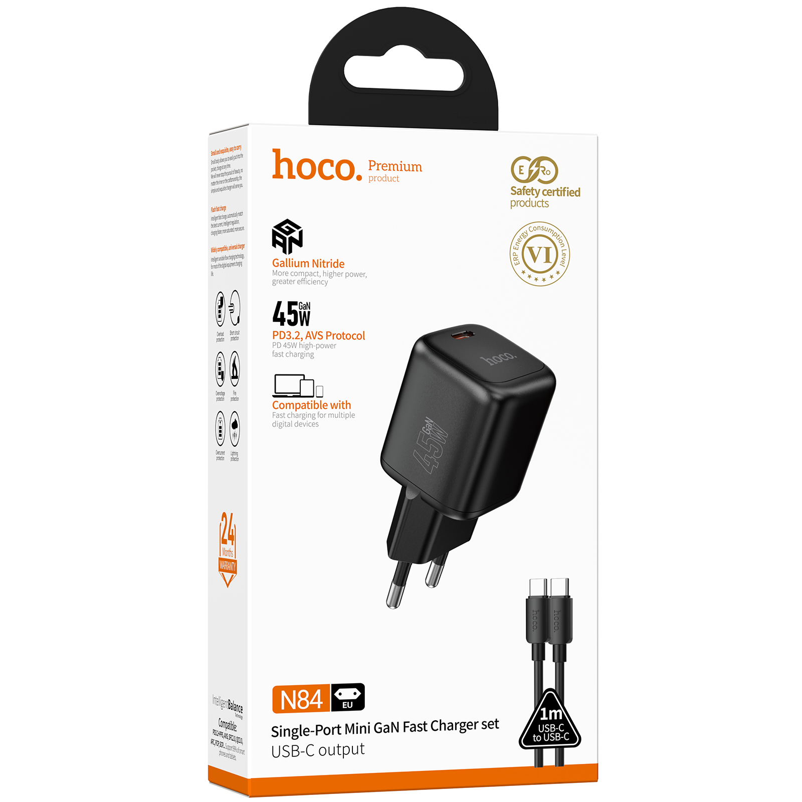 СЗУ Hoco N84 Mini PD45W (1USB-C) + кабель Type-C to Type-C, Black 1, купить оптом с доставкой