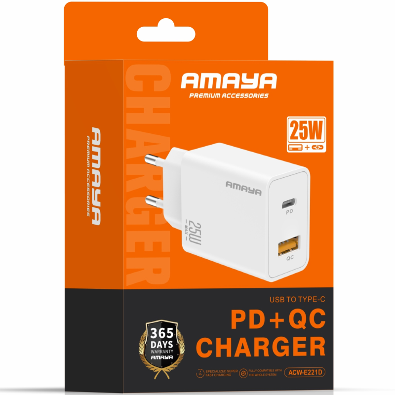 СЗУ Amaya E221D PD25W+QC3.0 (1USB-A/1C), White 1, купить оптом с доставкой