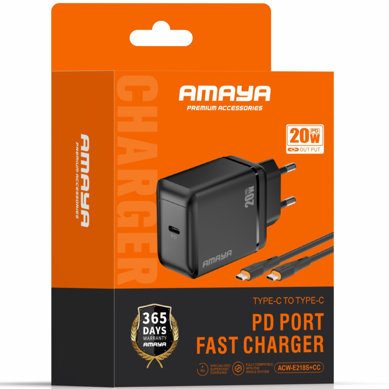 МЗП Amaya E218S PD20W+QC3.0 (1USB-A/1C) + кабель Type-C to Type-C, Black 1, купити оптом з доставкою