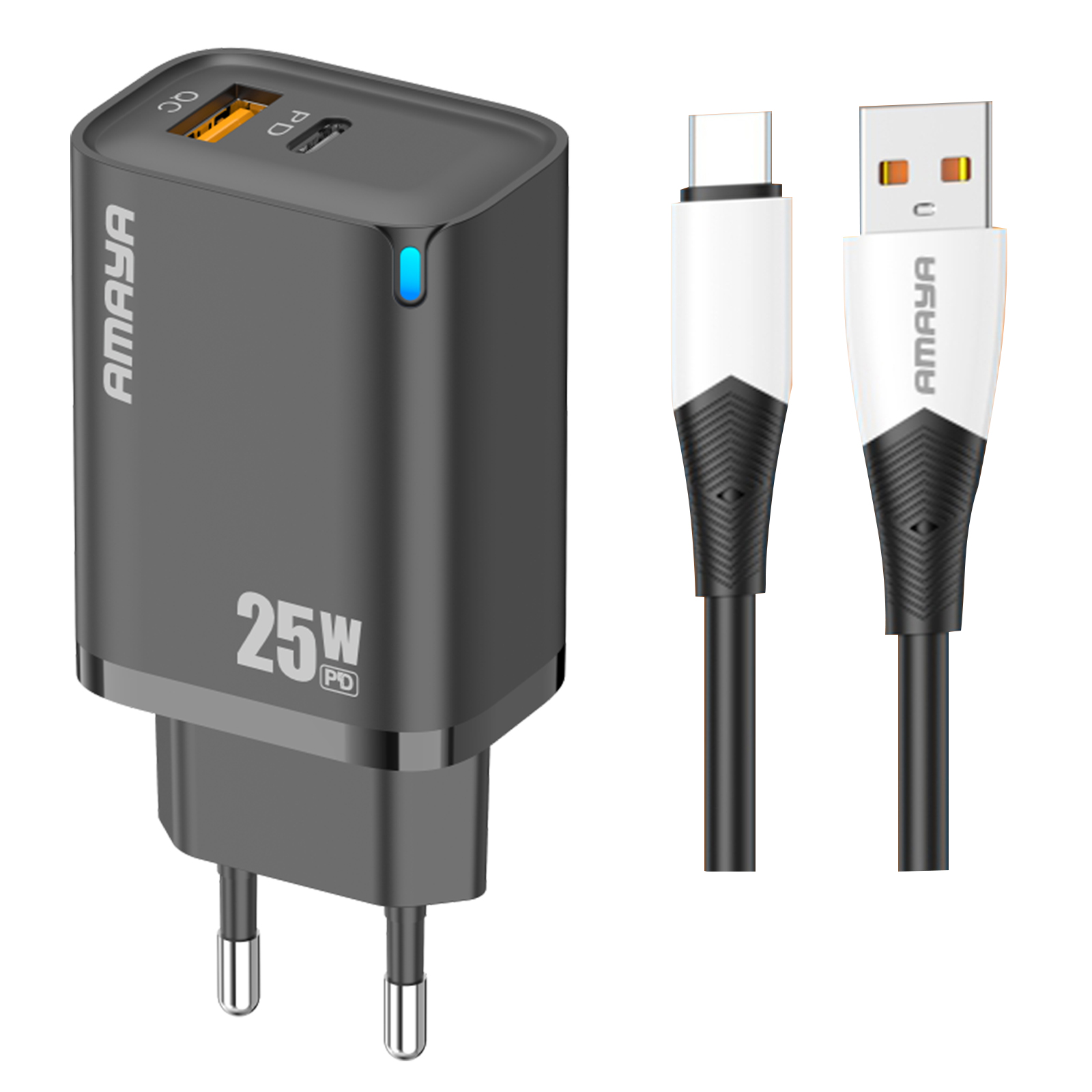 МЗП Amaya E215D PD25W+QC3.0 (1USB-A/1C) + кабель USB to Type-C, купити оптом з доставкою
