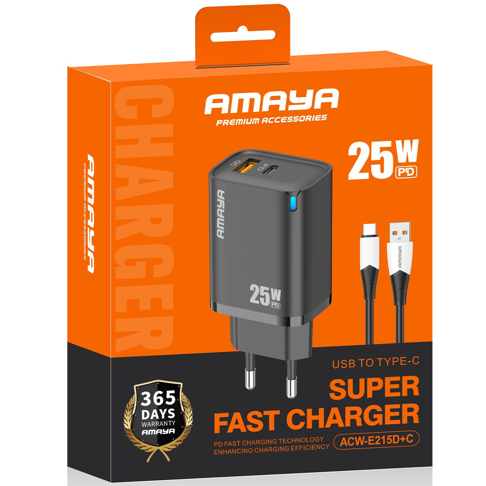МЗП Amaya E215D PD25W+QC3.0 (1USB-A/1C) + кабель USB to Type-C, Black 1, купити оптом з доставкою