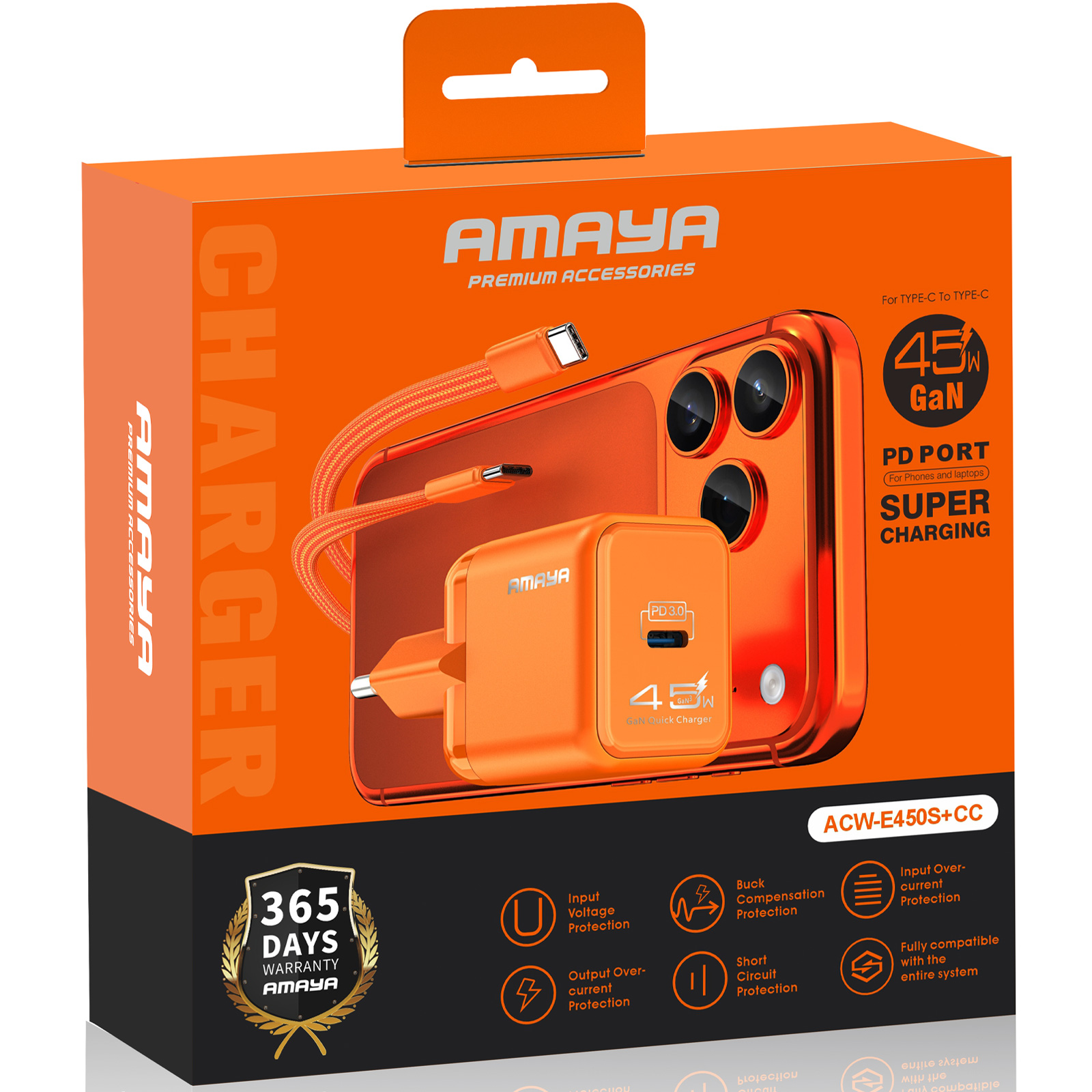 СЗУ Amaya E450S PD45W GaN (1USB-C) + кабель Type-C to Type-C, Orange 1, купить оптом с доставкой