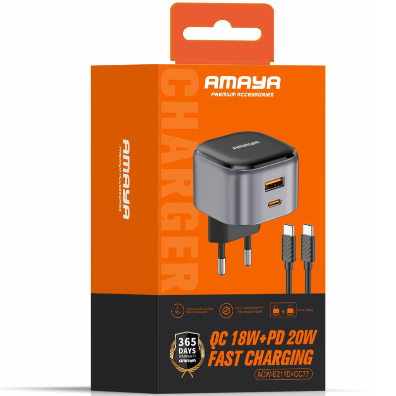 СЗУ Amaya E211D PD20W+QC3.0 (1USB-A/1C) + кабель Type-C to Type-C, Black 1, купить оптом с доставкой