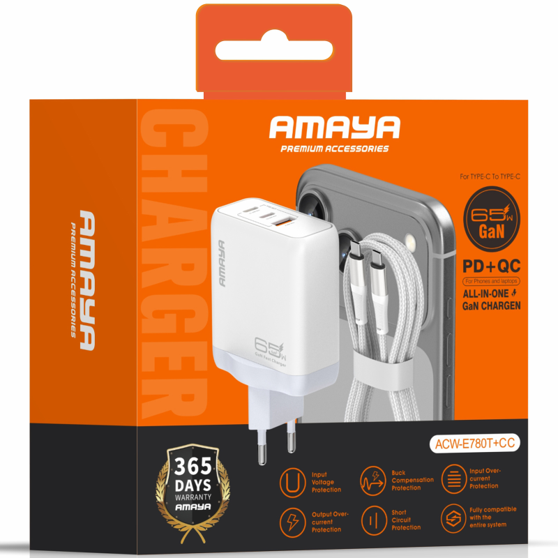 СЗУ Amaya E780T PD45W+QC3.0 GaN (1USB-A/1C) + кабель Type-C to Type-C, White 1, купить оптом с доставкой