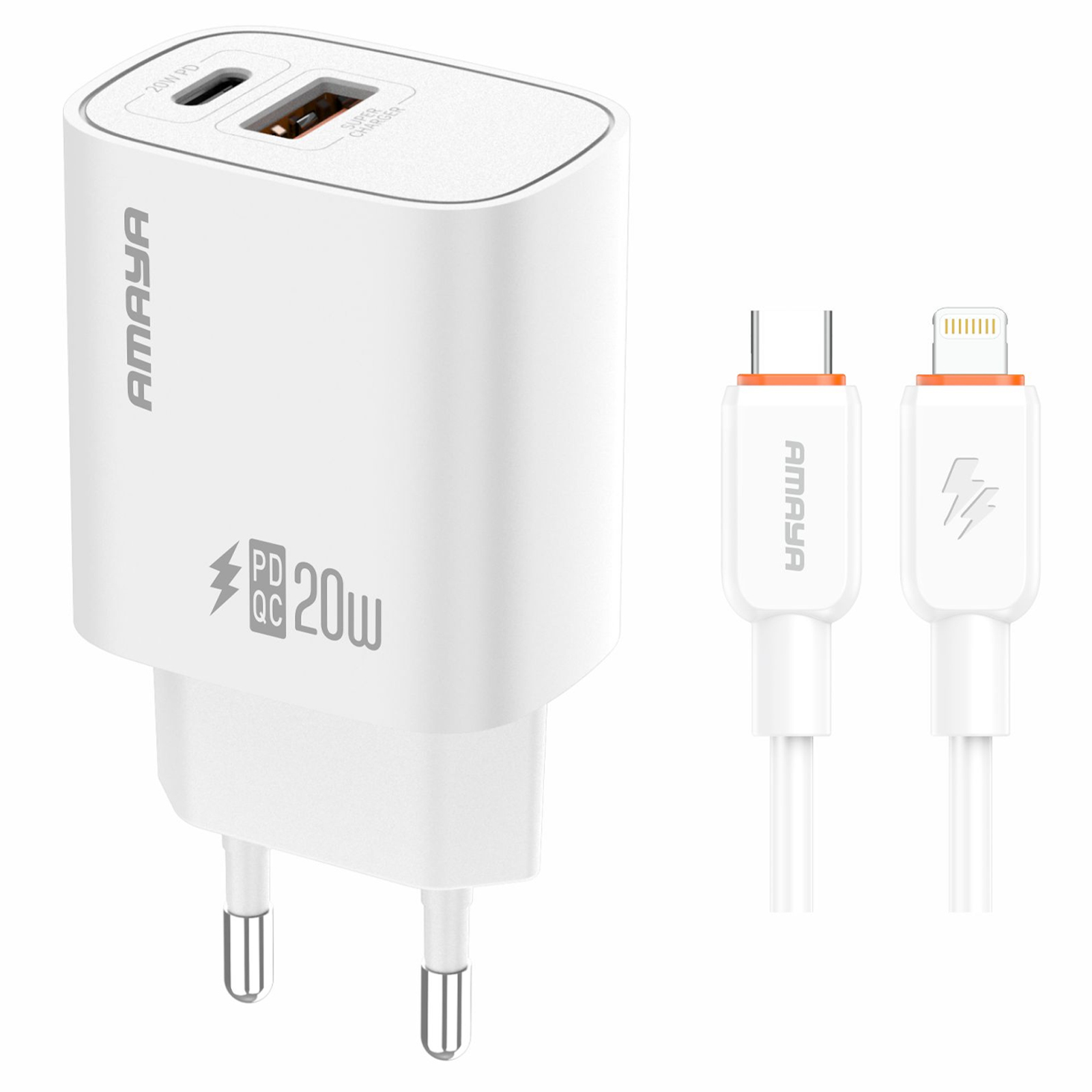 МЗП Amaya E74D PD20W+QC3.0 (1USB-A/1C) + кабель Type-C to Lightning, купити оптом з доставкою