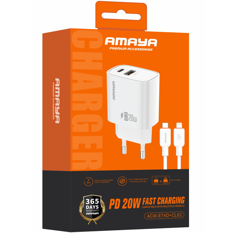 МЗП Amaya E74D PD20W+QC3.0 (1USB-A/1C) + кабель Type-C to Lightning, White 1, купити оптом з доставкою