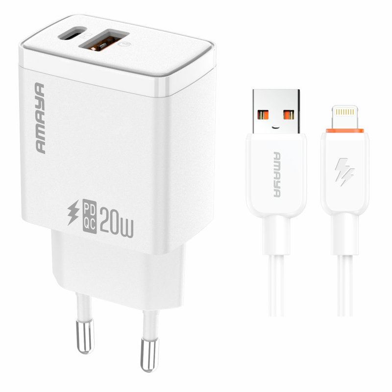 СЗУ Amaya E67D PD20W+QC3.0 (1USB-A/1C) + кабель USB to Lightning, White, купить оптом с доставкой