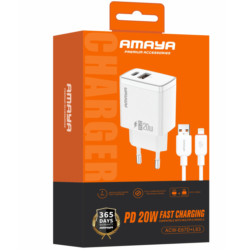 СЗУ Amaya E67D PD20W+QC3.0 (1USB-A/1C) + кабель USB to Lightning, White 1, купить оптом с доставкой