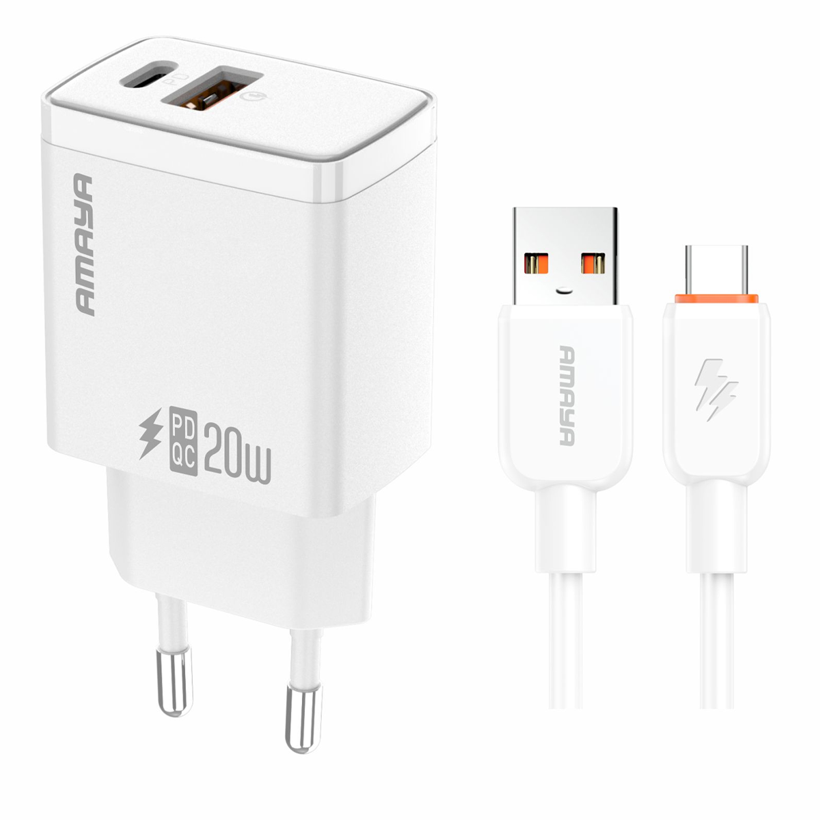 СЗУ Amaya E67D PD20W+QC3.0 (1USB-A/1C) + кабель USB to Type-C, White, купить оптом с доставкой