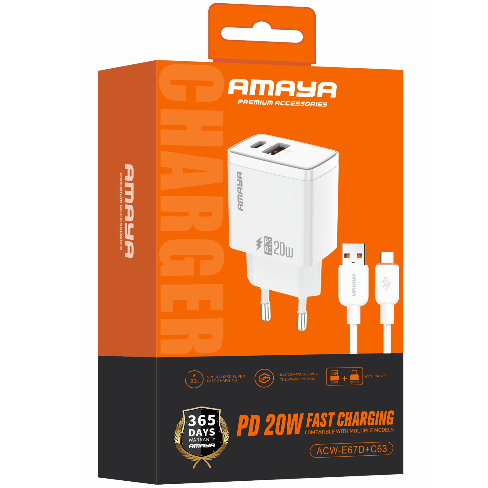 СЗУ Amaya E67D PD20W+QC3.0 (1USB-A/1C) + кабель USB to Type-C, White 1, купить оптом с доставкой