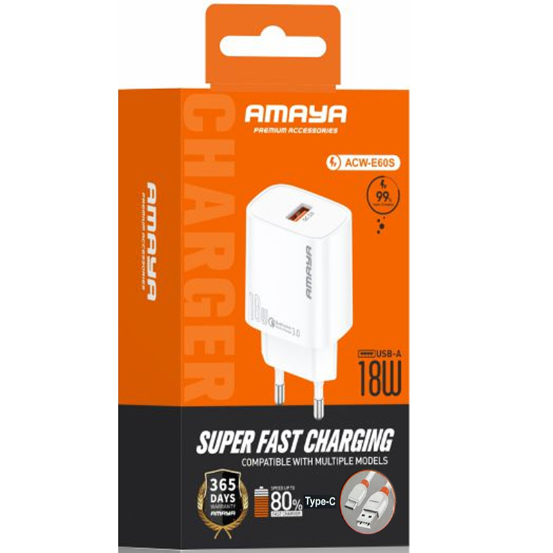 СЗУ Amaya E60S QC3.0 18W (1USB-A) + кабель USB to Type-C на картинке №2
