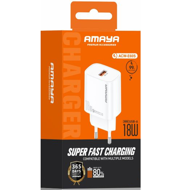 СЗУ Amaya E60S QC3.0 18W (1USB-A), White 1, купить оптом с доставкой