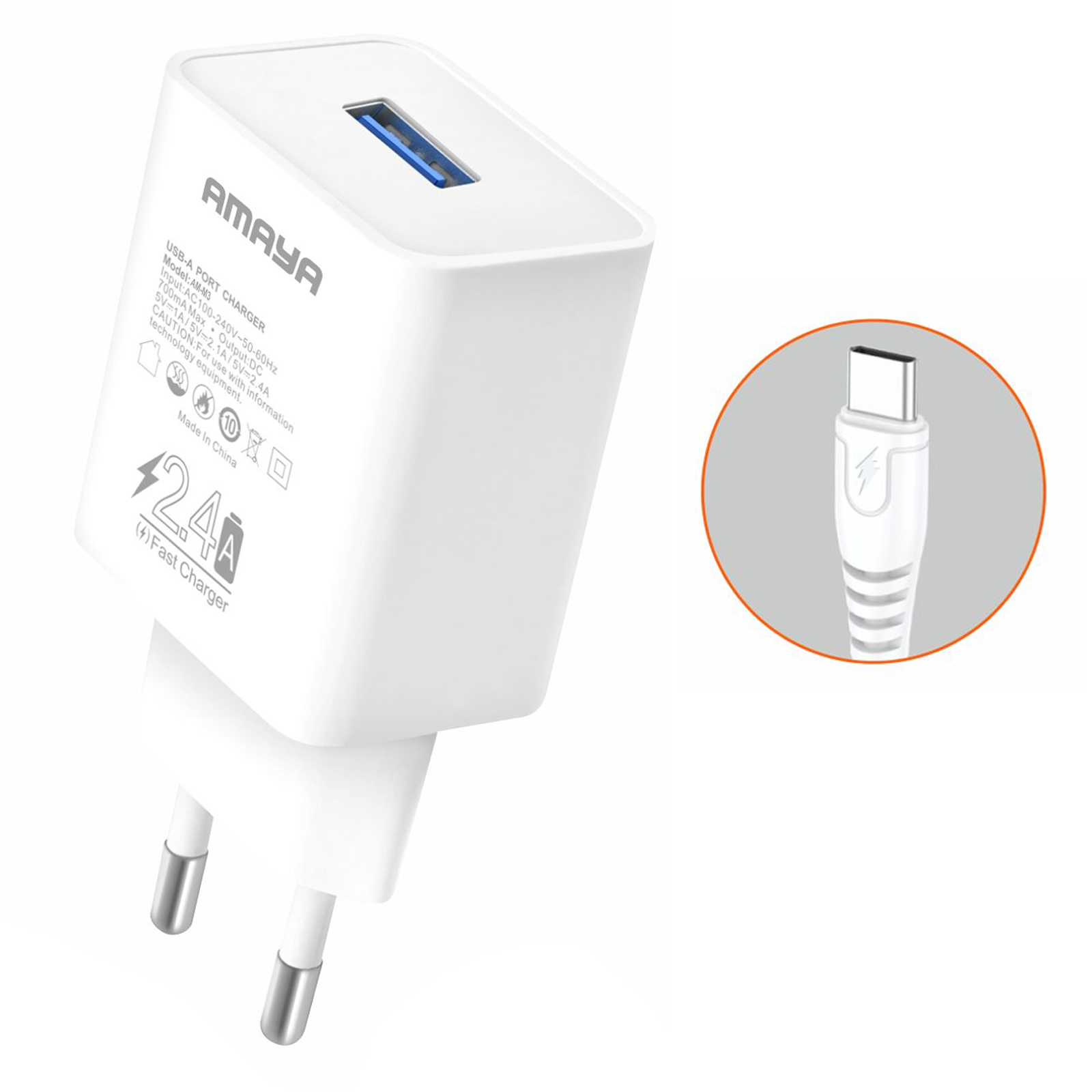 СЗУ Amaya C3 2.4A (1USB-A) + кабель USB to Type-C, White, купить оптом с доставкой