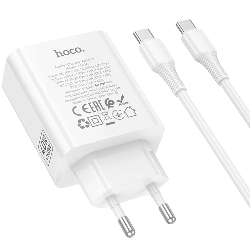 Уценка СЗУ Hoco C162A Source PD40W (1USB-C) + кабель Type-C to Type-C, Поврежденная упаковка / White 3, купить оптом с доставкой