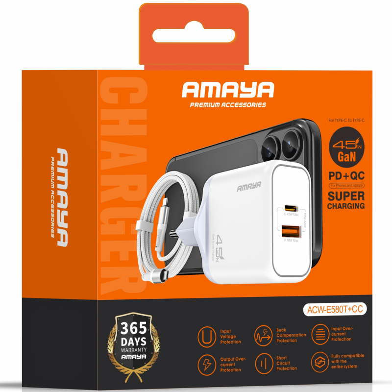 Уцінка МЗП Amaya E580T PD45W+QC3.0 GaN (1USB-A/1C) + кабель Type-C to Type-C, Пошкоджена упаковка / White 1, купити оптом з доставкою