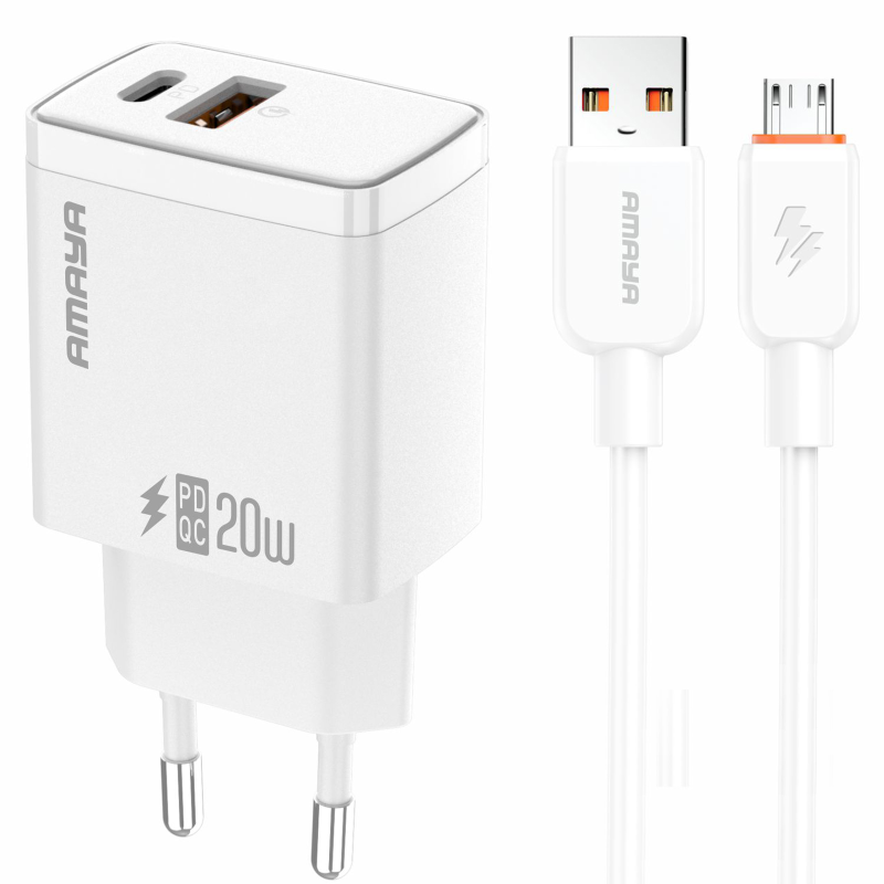 Уцінка МЗП Amaya E67D PD20W+QC3.0 (1USB-A/1C) + кабель USB to MicroUSB, М'ята упаковка / White, купити оптом з доставкою