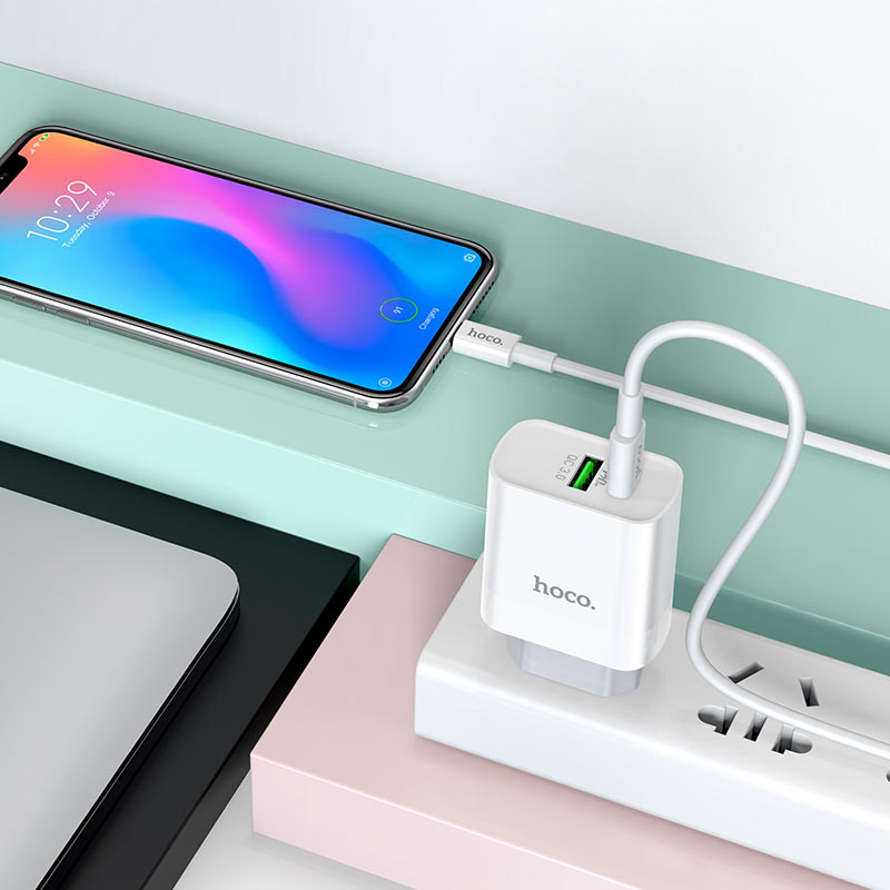 СЗУ Hoco C80A Rapido PD20W+QC3.0 (1USB-A/1C) + кабель Type-C to Type-C, Белый 4, купить оптом с доставкой