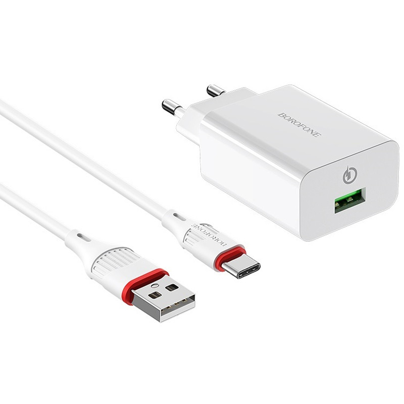 МЗП Borofone BA21A Long journey QC3.0 3A (1USB-A) + кабель USB to Type-C на малюнкі №1